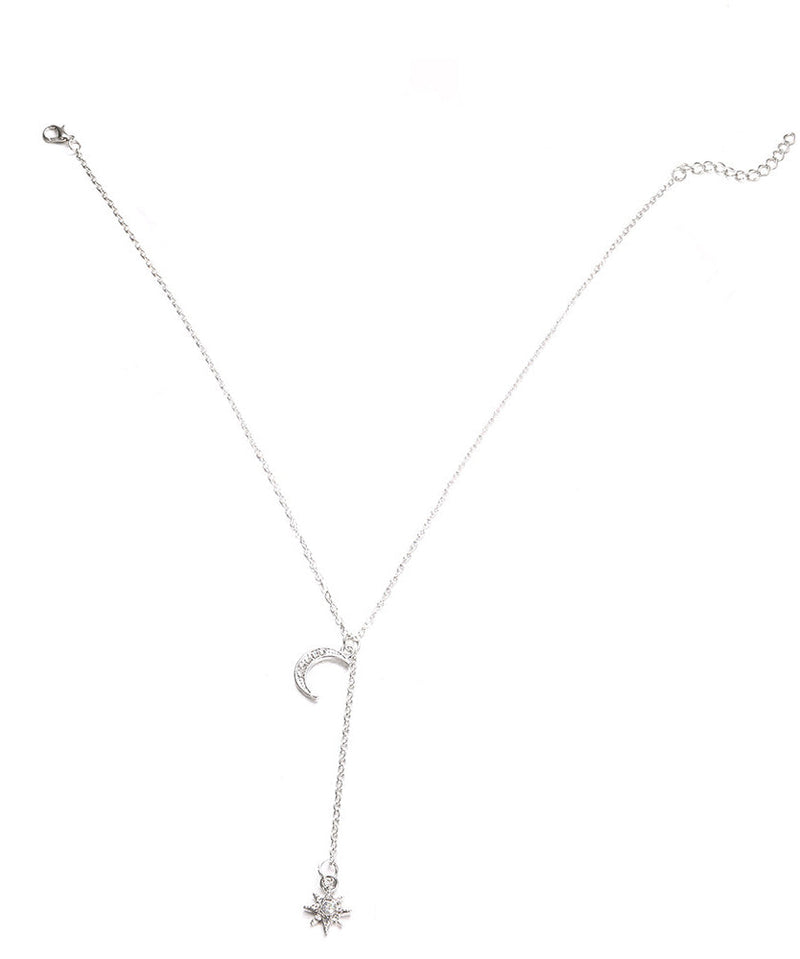 14K White Gold Plating Crystal Pav'e Crescent & Star Lariat Necklace