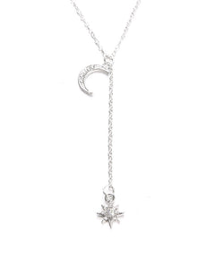 14K White Gold Plating Crystal Pav'e Crescent & Star Lariat Necklace