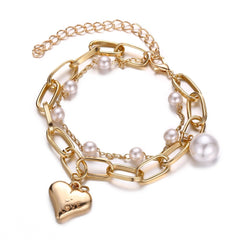 2 Piece Heart and Pearl Bracelet Set 18K Gold Plated Bracelet ITALY Design