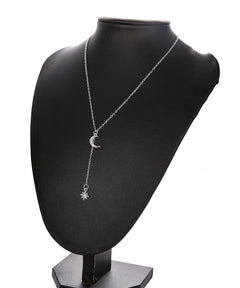 14K White Gold Plating Crystal Pav'e Crescent & Star Lariat Necklace