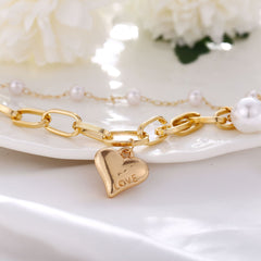 2 Piece Heart and Pearl Bracelet Set 18K Gold Plated Bracelet ITALY Design