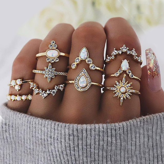 10 Piece Opal Created Ring Set With ® Crystals 18K Gold Plated Ring in 18K Gold Plated