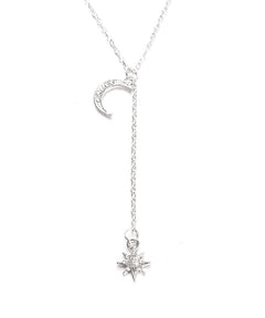 14K White Gold Plating Crystal Pav'e Crescent & Star Lariat Necklace